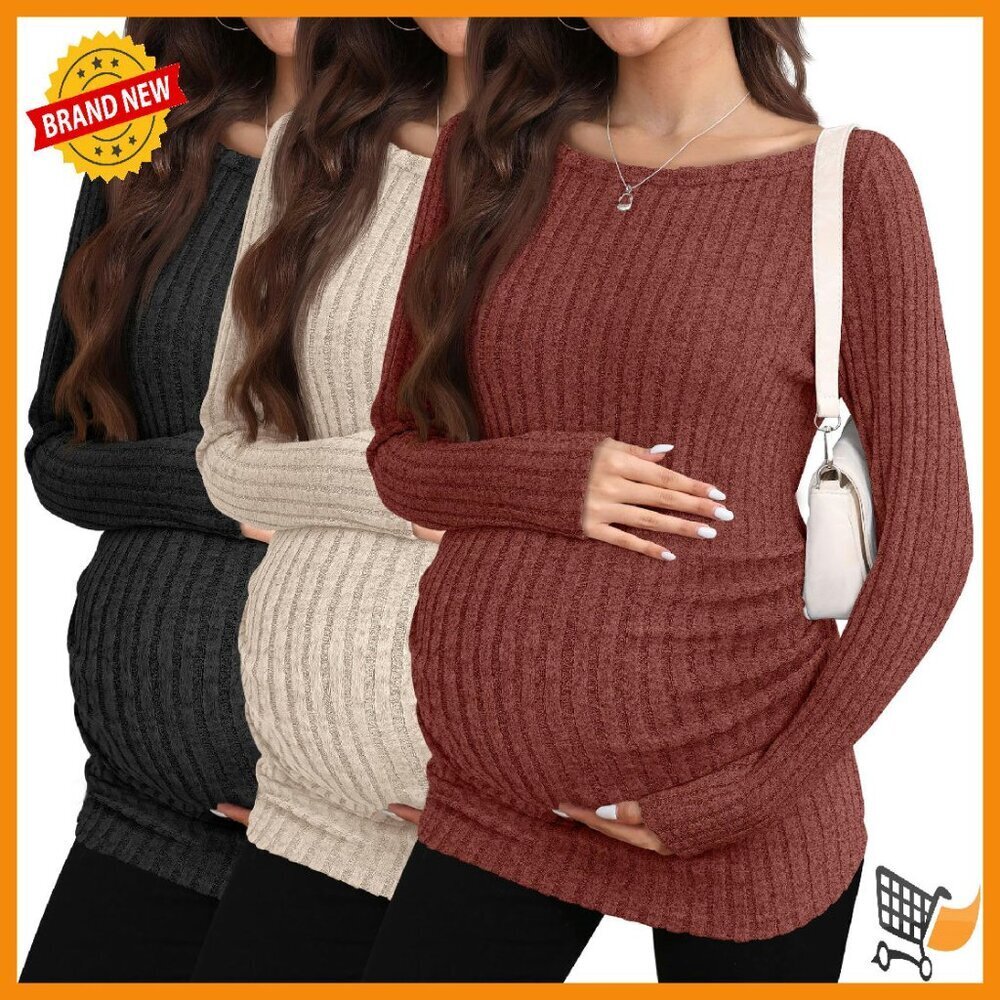3 Pack Maternity Sweaters Long Sleeve Ribbed Stretch Pregnancy Tops